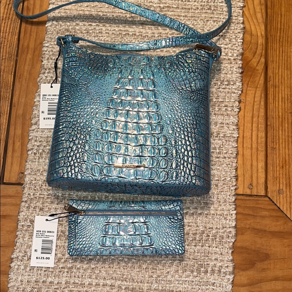 Brahmin Blue Crocodile Embossed Crossbody Bag & Matching Wallet